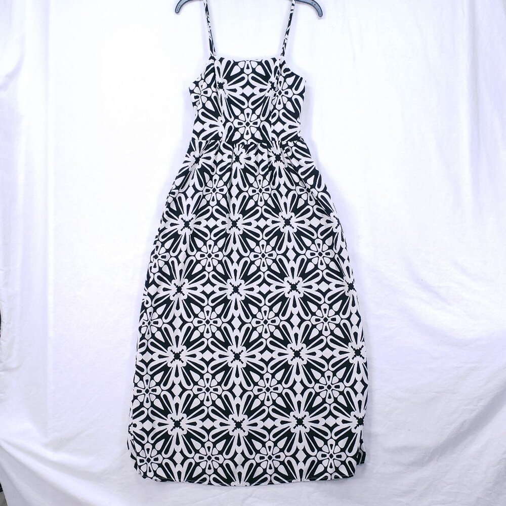 AUW Black White Floral Spaghetti Strap Maxi Dress Spanish Style Geometric L